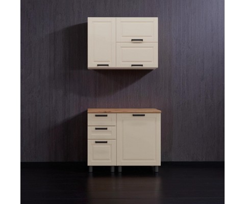 Кухонный гарнитур Аленушка 1 м с 3 ящиками Астра Крем, скоба черный, сонома