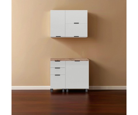 Кухонный гарнитур Аленушка 1 м с 3 ящиками Лотос Молочный, скоба антрацит, сонома