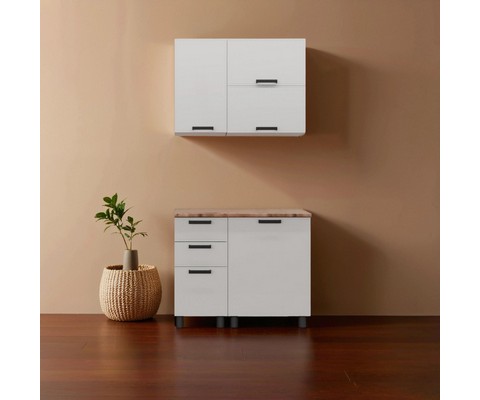 Кухонный гарнитур Аленушка 1 м с 3 ящиками Магнолия Молочный, скоба черный, сонома