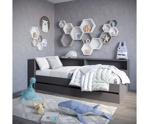 Кровать Ксения 120х200 с ящиками и прикроватным блоком (графит)