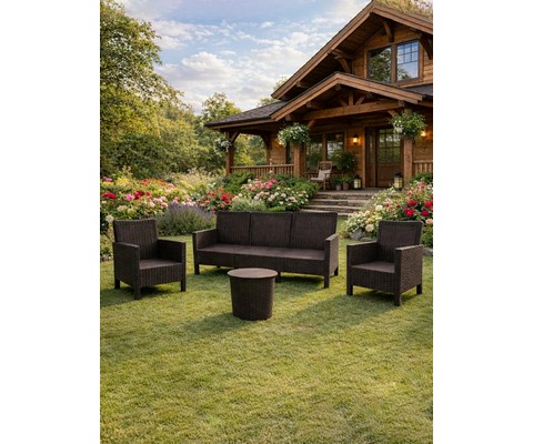 Комплект 2 садовых кресла, трехместный диван и столик под ротанг СадКо (темно-коричневый)